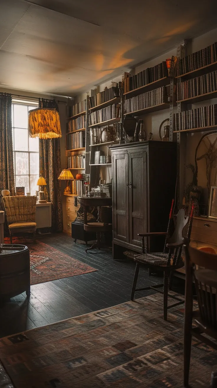 The inviting atmosphere of this moody vintage living room, featuring antique pieces and a patterned rug, captures the essence of dark academia and bohemian aesthetics.
