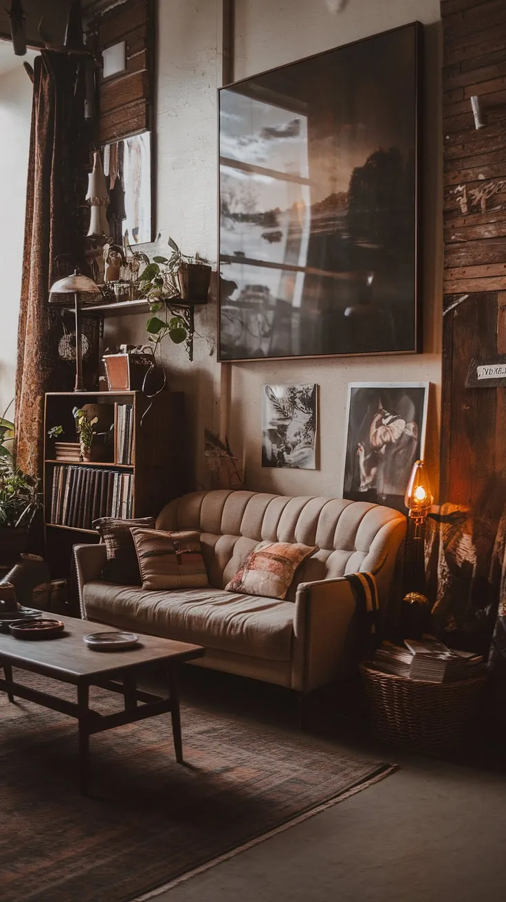 This moody vintage living room blends bohemian and dark academia elements with a warm, earthy palette, featuring a beige sofa, wooden coffee table, and eclectic artwork.