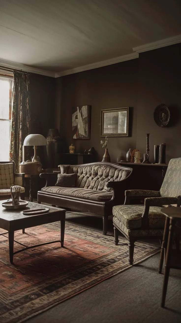 The room's dark hues and retro elements blend beautifully, making it an inviting space that embodies the essence of a moody country living room.