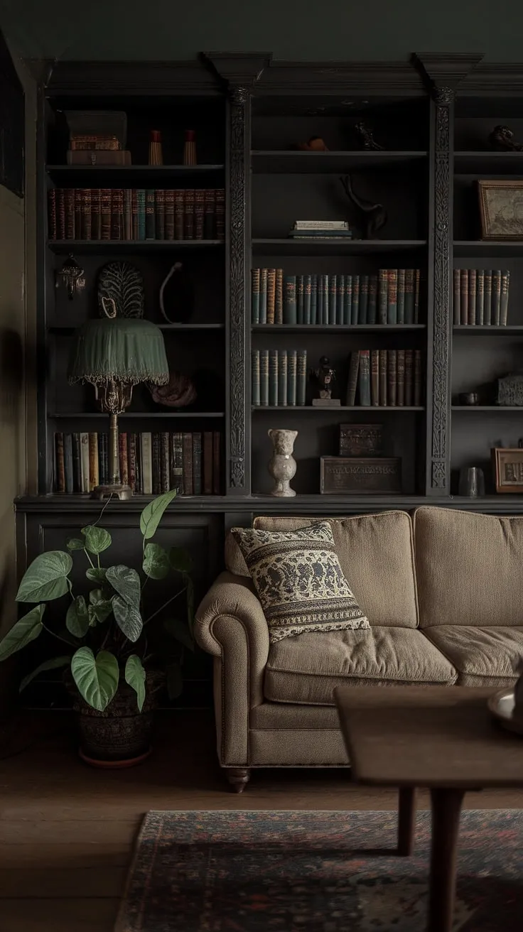 The moody country living room features a vintage aesthetic with a dark palette, a cozy beige sofa, and eclectic decor that captures the essence of retro and bohemian styles.