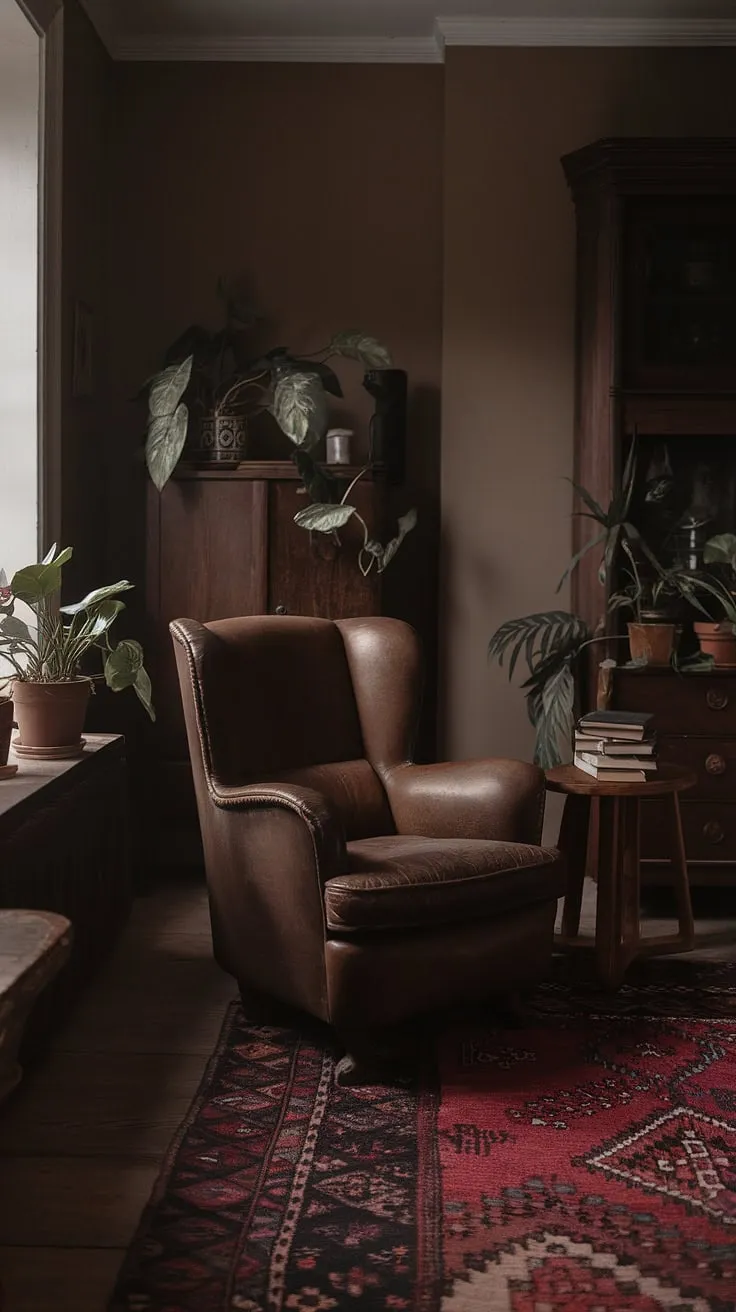 The moody country living room showcases a vintage aesthetic with dark academia and bohemian influences, highlighted by antique furnishings and a warm, inviting ambiance.