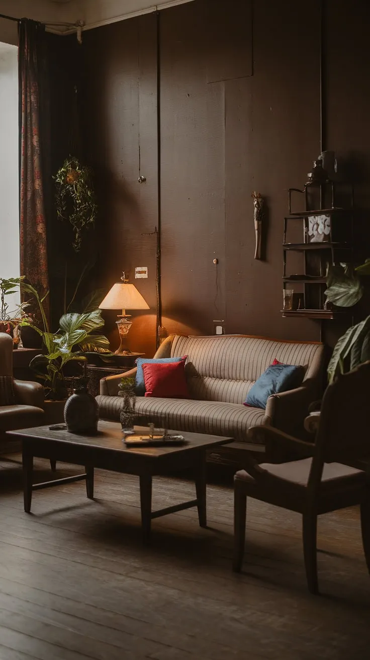 This moody vintage living room exudes a cozy dark academia vibe with its beige sofa, wooden coffee table, and warm brown walls, making it a perfect blend of classic, country, and bohemian styles.