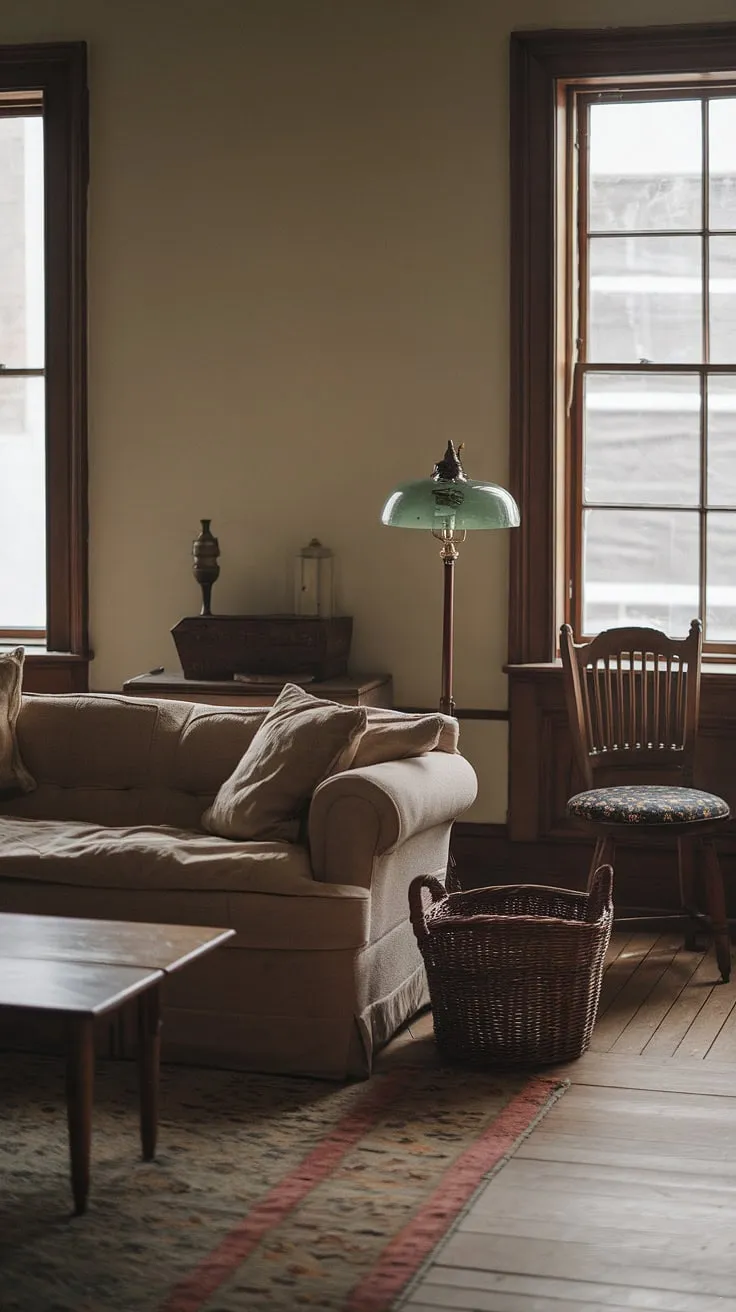 This moody vintage living room blends bohemian and dark academia elements with a beige sofa, wooden accents, and vintage decor for a classic yet inviting atmosphere.