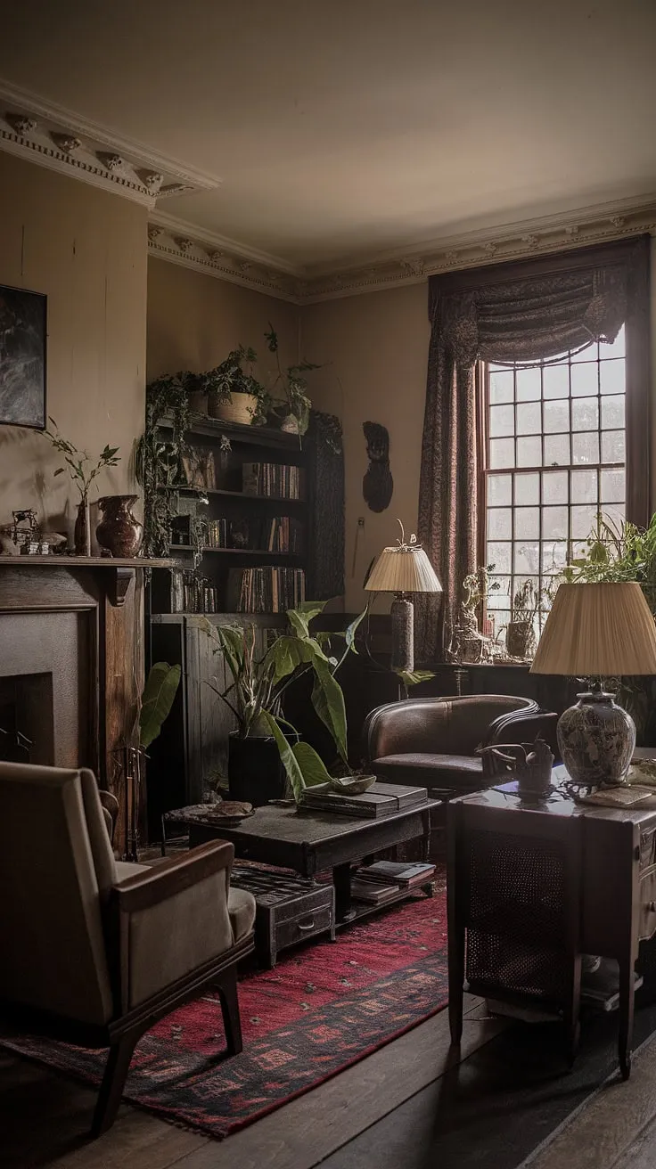 This moody vintage living room blends classic dark academia and bohemian elements with antique furnishings and a rustic fireplace, creating a captivating atmosphere.