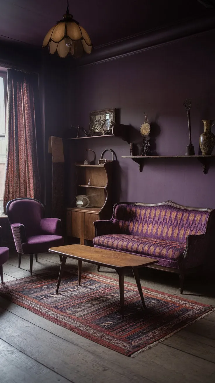 In a sanctuary of retro style, deep purple walls and a vibrant sofa harmonize with antique accents, crafting a chic yet inviting living room that celebrates the timeless charm of classic design.