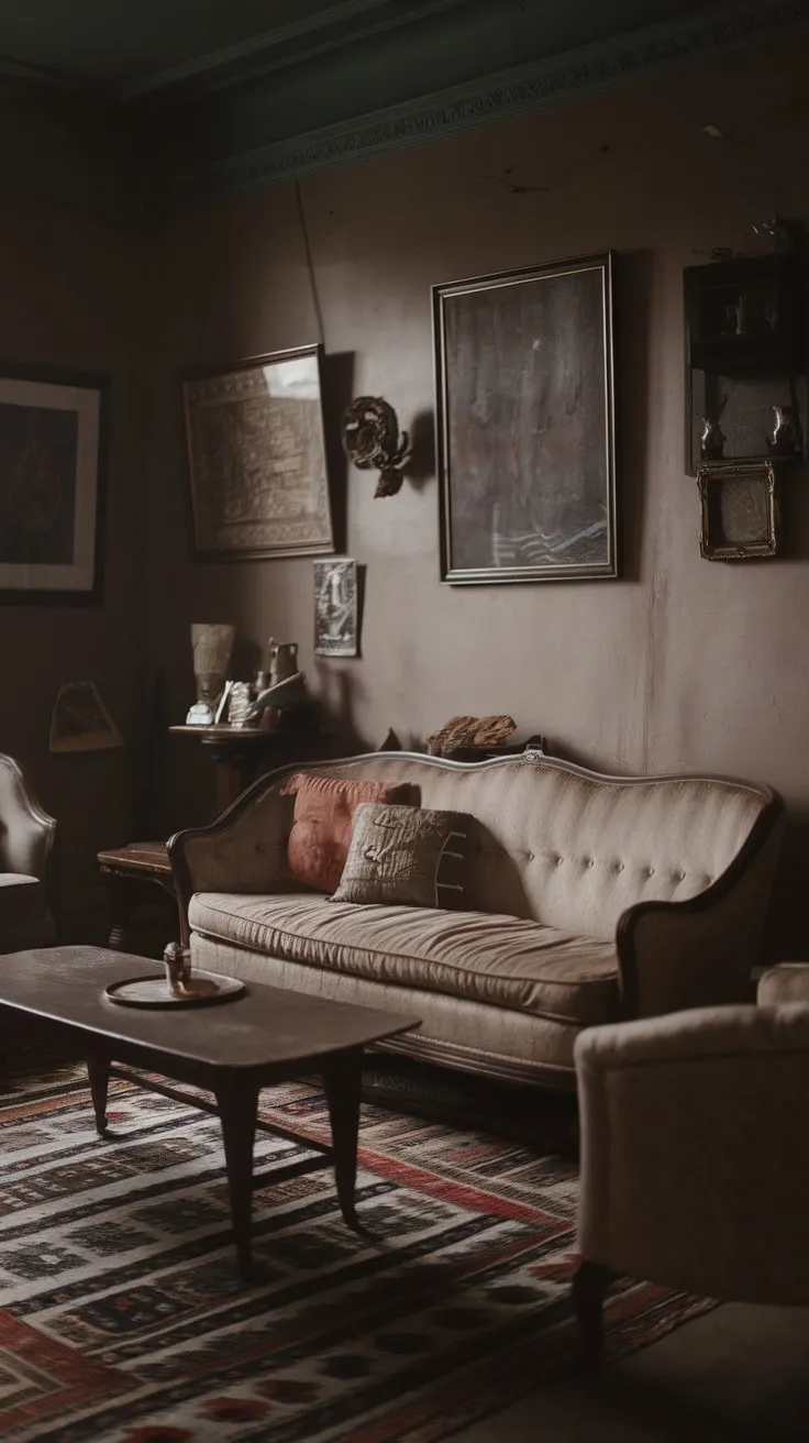 The vintage living room, with its muted tones and rich textures, exudes a captivating charm that whispers stories of a life well-lived.