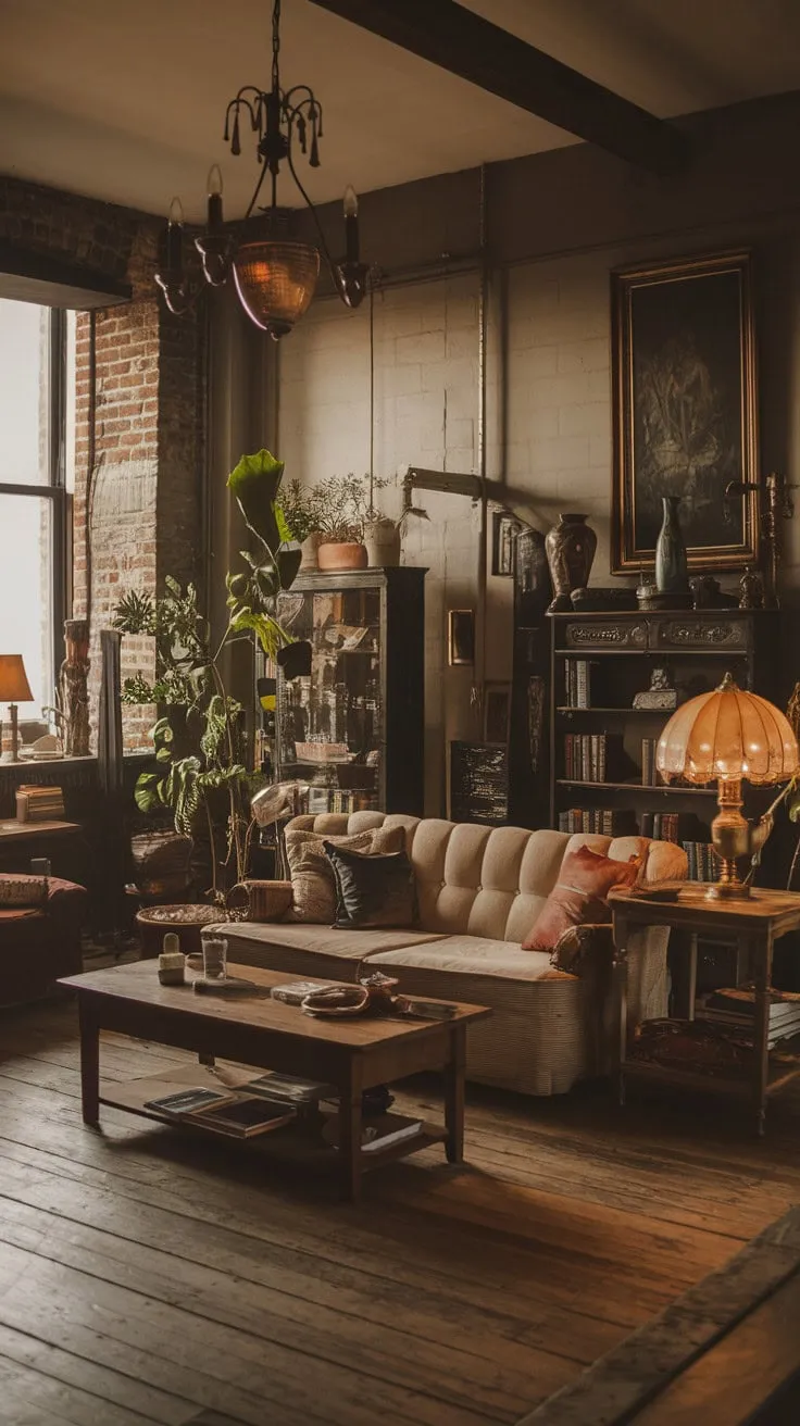 This enchanting vintage living room, with its exposed brick, rustic wood, and vintage chandelier, weaves together dark academia and bohemian charm into a cozy sanctuary of personal expression.