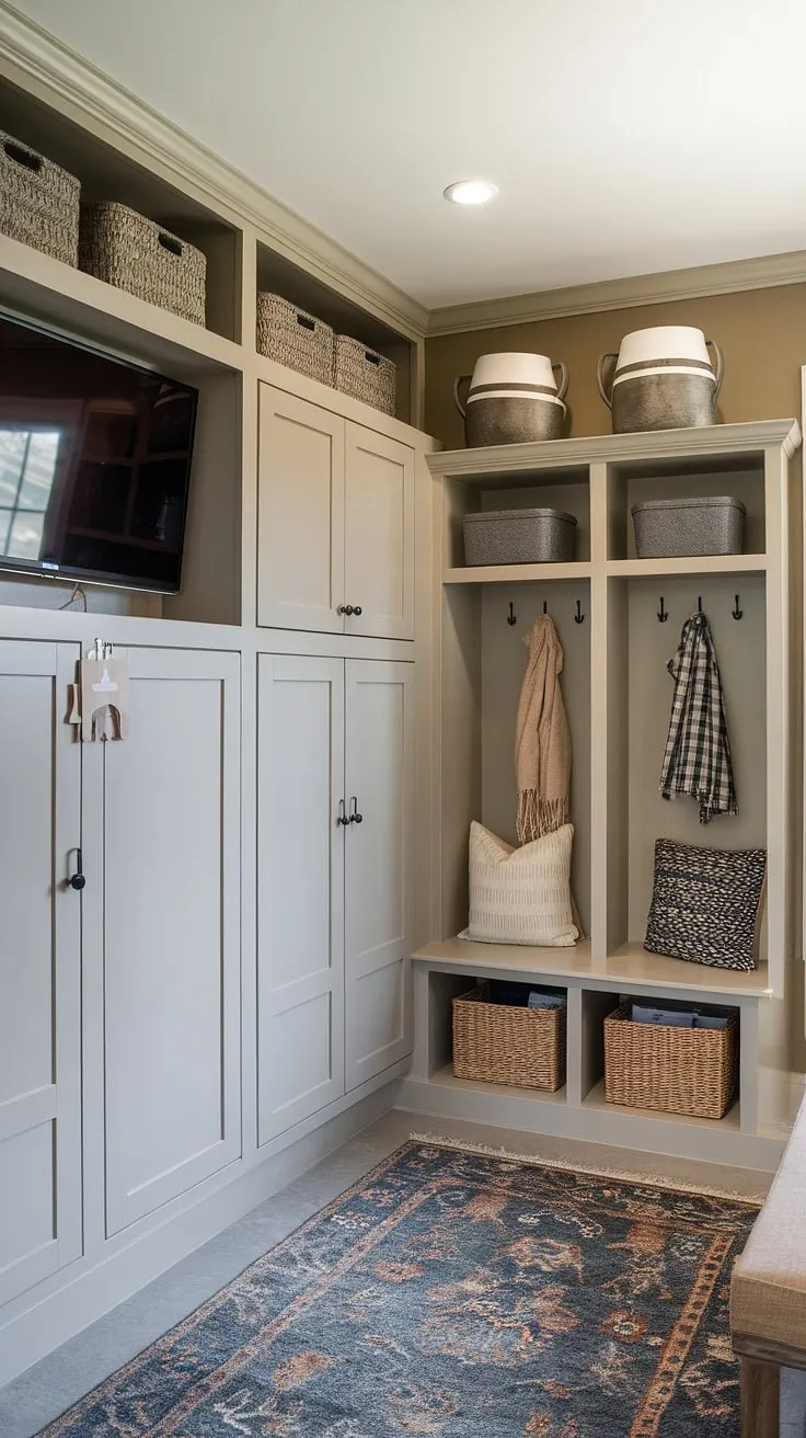 Transform your entryway with this inspiring mudroom design.  This mudroom with TV cleverly incorporates built-ins for mudroom storage, including a drop zone with doors and a comfortable bench.  The mudroom with cubbies and bench offers practical small mudroom locker ideas, while the neutral mudroom wall color creates a serene atmosphere.  This mudroom storage ideas showcase how mudroom essentials can contribute to a stylish and organized home.