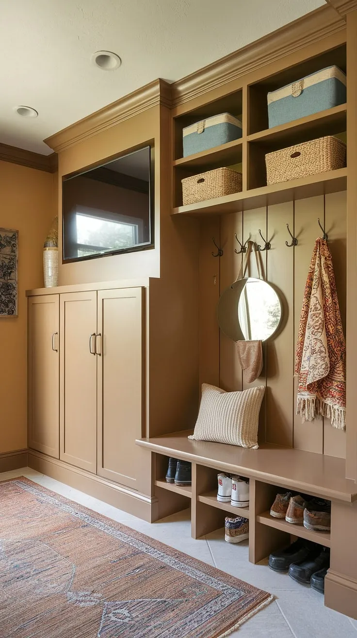 Transform your entryway with this stunning mudroom design.  The mudroom with TV and built-ins for mudroom storage seamlessly blend functionality and aesthetics.  A drop zone with doors, cubbies, and a bench offer ample space, while small mudroom locker ideas add extra organization.  The warm beige mudroom wall color creates a welcoming atmosphere, complemented by mudroom essentials like a rug and mirror. This mudroom interior design is a masterclass in mudroom storage ideas, perfectly balancing form and function in a mudroom with cubbies and bench.