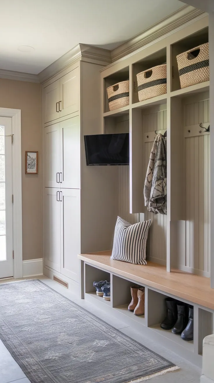 This mudroom's functional design seamlessly blends style and practicality.  The built-ins for mudroom storage, including cubbies and a bench, maximize space, while the drop zone with doors and small mudroom locker ideas keep things organized.  The mudroom with TV adds a touch of unexpected luxury, and the neutral mudroom wall color creates a calming backdrop.  Clever mudroom storage ideas, like the coat rack and shoe storage, ensure this mudroom essentials haven is both beautiful and efficient.  A perfect blend of mudroom bathroom-adjacent convenience and stylish mudroom interior design.