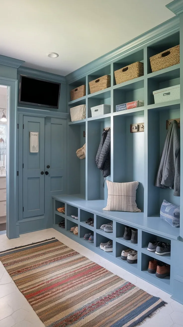 This serene blue mudroom boasts clever built-ins for mudroom organization, including a drop zone with doors, cubbies, and a bench, maximizing space and style.  The small mudroom locker ideas provide ample storage for mudroom essentials like coats, umbrellas, and shoes, while the integrated mudroom bathroom adds a touch of luxury.  A TV provides entertainment, completing this functional and aesthetically pleasing mudroom interior design. The mudroom wall color perfectly complements the overall scheme, showcasing smart mudroom storage ideas.