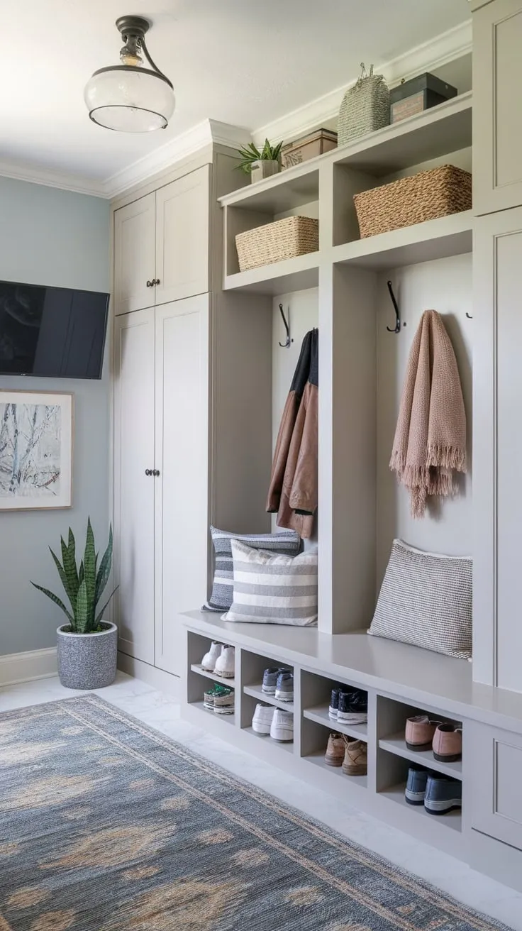 Upgrade your home entryway with a functional mudroom bathroom featuring ample storage, a relaxing bench, and the unexpected luxury of a TV.
