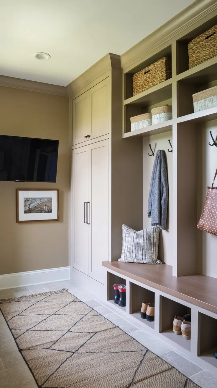 A functional and aesthetically pleasing mudroom design boasts ample storage, a convenient drop zone, and a relaxing TV area.