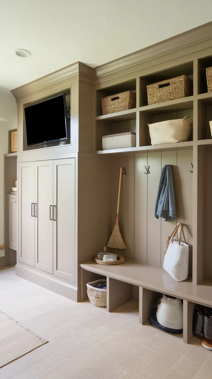 This cozy mudroom's built-in storage, bench seating, and surprising TV create a functional and inviting space.