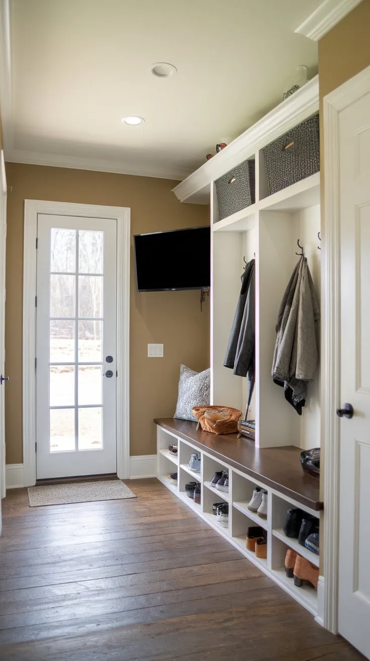 A rustic-chic mudroom boasts built-in storage, a drop zone, and even a TV, seamlessly blending practicality with comfort