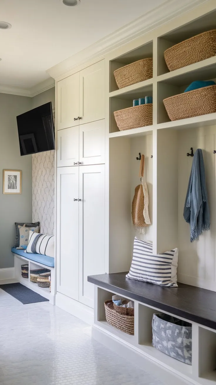 Upgrade your home's organization and functionality with a stylish mudroom bathroom boasting ample storage, a relaxing TV area, and thoughtful design elements