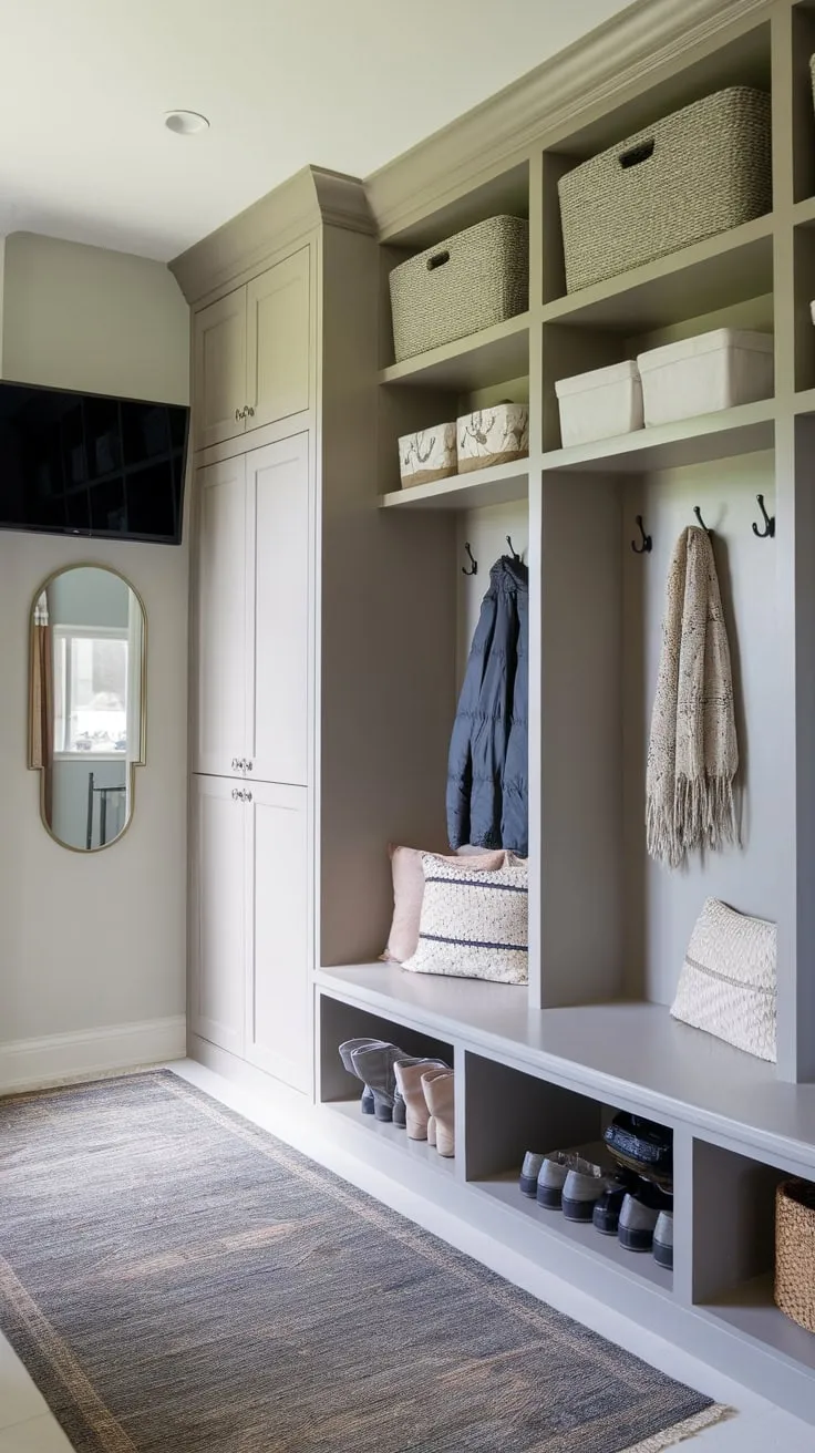 A light grey mudroom boasts functional organization with a built-in bathroom, ample storage, and stylish essentials like a rug and mirror
