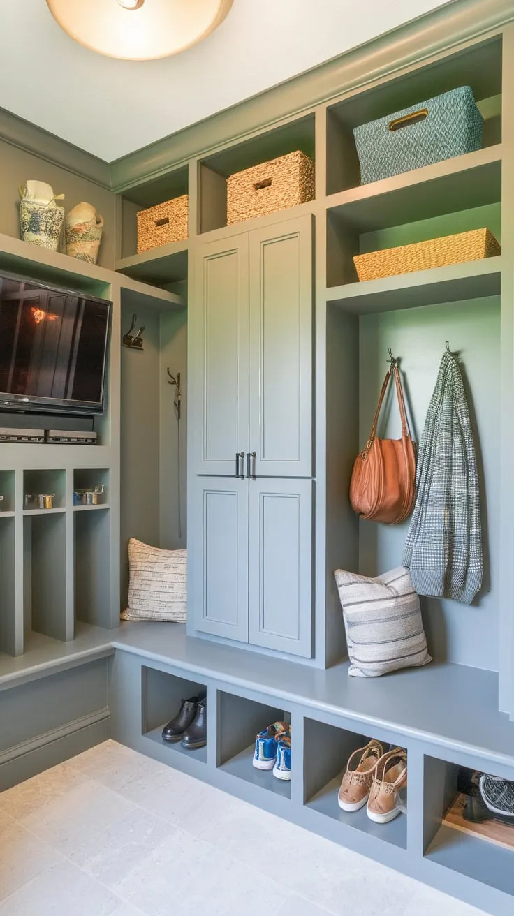 A stylish mudroom boasts ample storage including lockers and cubbies, a TV, and a thoughtfully designed layout for ultimate organization and convenience