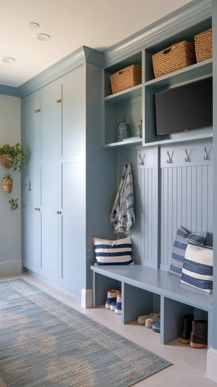 A light blue coastal mudroom with built-in TV, drop zone, and locker offers convenient storage and a relaxing transition space before or after bathroom use.