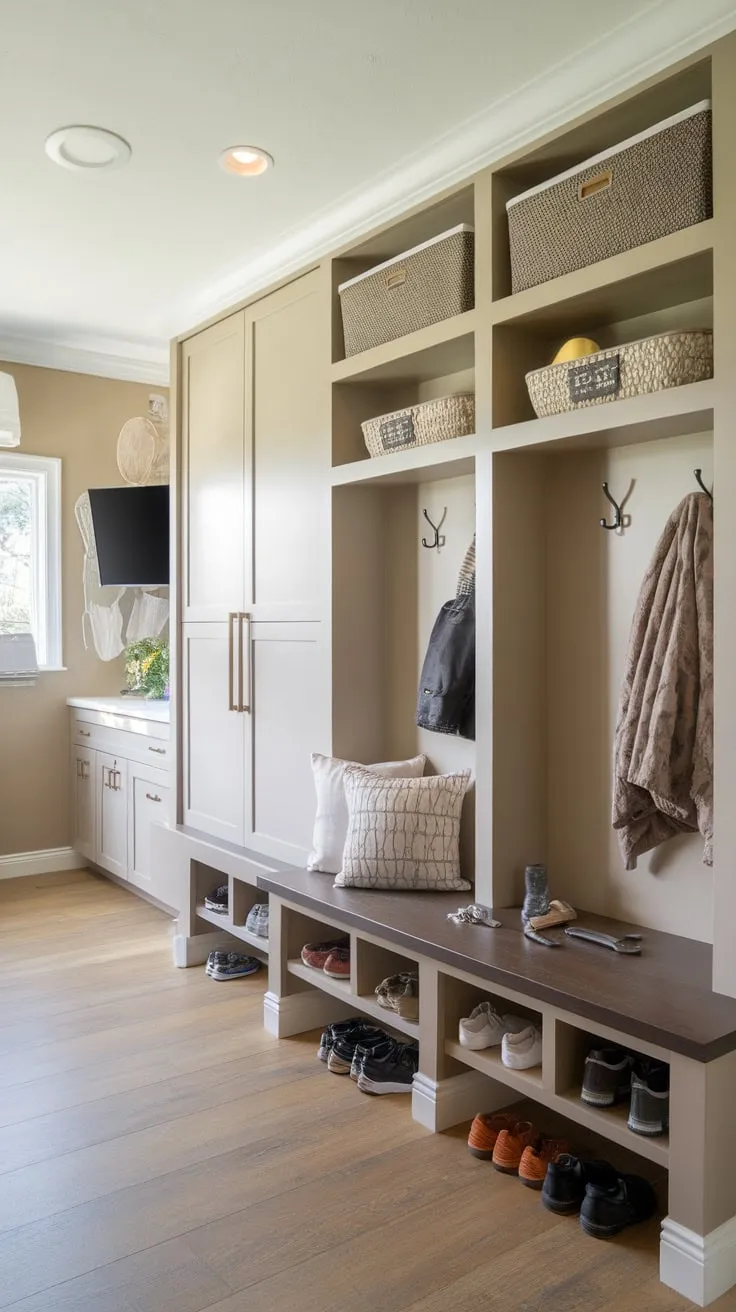 A beige-walled mudroom boasts ample storage—including built-ins, cubbies, and a bench—plus a convenient bathroom and TV, creating a functional and stylish family hub