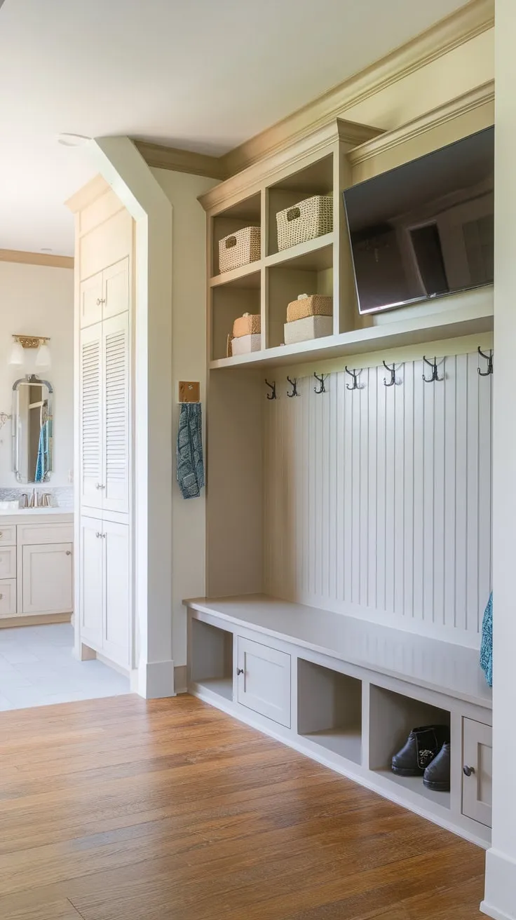 A bright mudroom boasts ample storage, a built-in bench, and a convenient bathroom for ultimate family organization