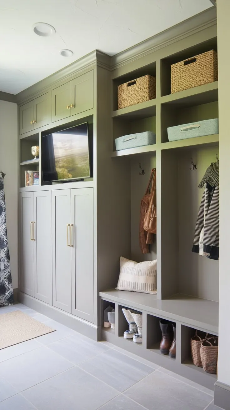 This mudroom's integrated bathroom, clever storage solutions, and thoughtful design create a functional and aesthetically pleasing space.
