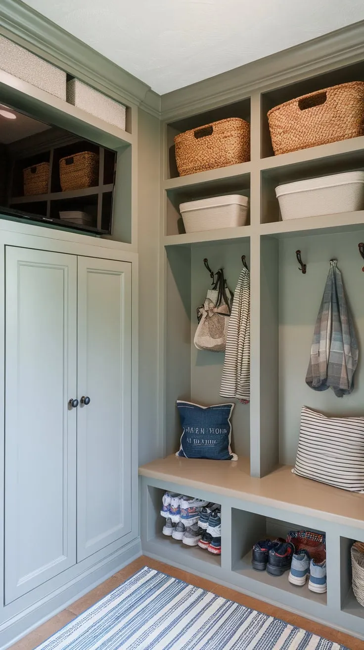 A functional and beautiful mudroom boasts built-ins, cubbies, and a convenient drop zone, transforming a chaotic entryway into an organized haven.