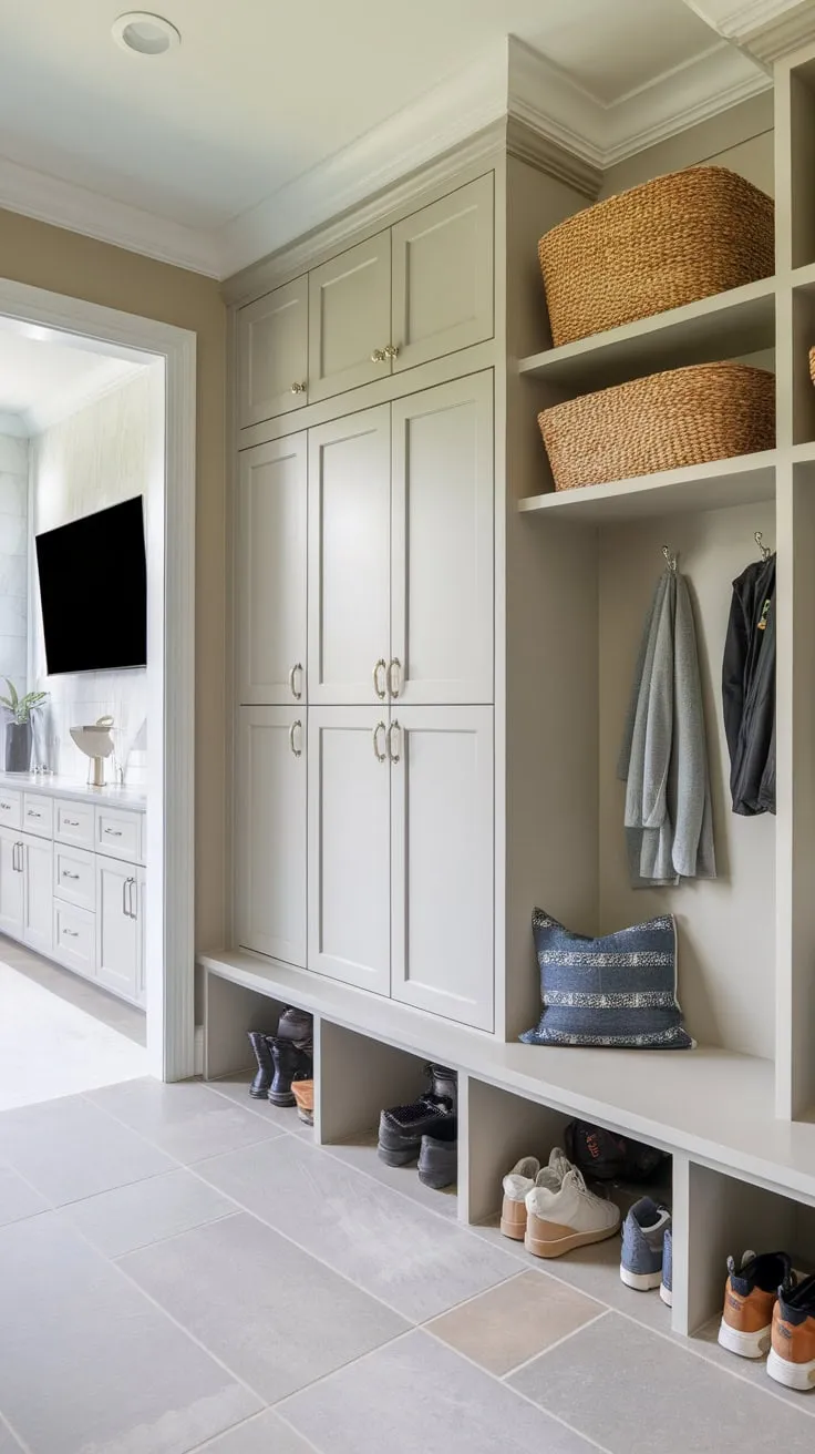 This luxurious mudroom boasts a built-in bathroom, TV, ample storage, and stylish design elements for ultimate convenience and organization