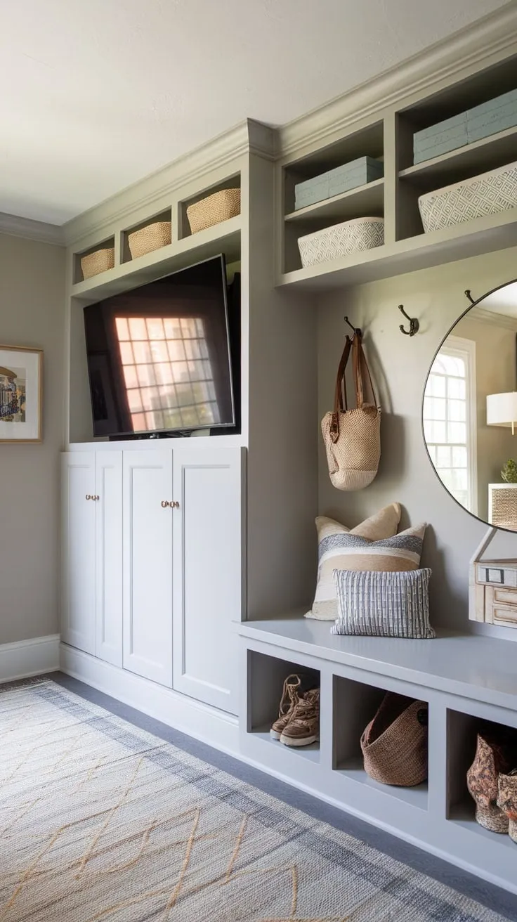 This functional mudroom features a TV, built-in storage, and a bench with cubbies, creating a stylish and organized entryway.