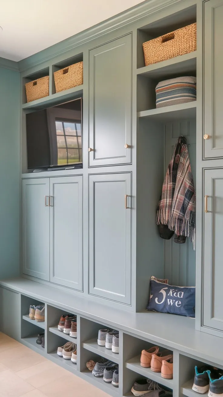 Soft blue walls enhance the calming atmosphere of this mudroom, complete with built-ins, cubbies, and a small locker area for ultimate organization.