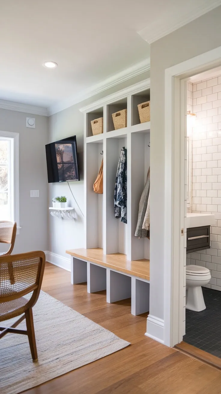 This stylish mudroom combines practical storage with a convenient bathroom, creating a functional and inviting space.
