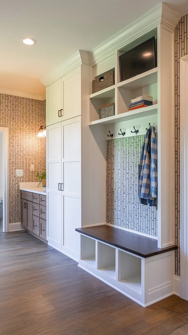 This mudroom bathroom combo is the ultimate space-saving solution!  Clever built-ins for mudroom storage, including a drop zone with doors and a bench with cubbies, maximize functionality. The mudroom with TV adds a touch of unexpected luxury, while the unique mudroom wall color and wood flooring elevate the mudroom interior design.  This small mudroom locker ideas showcase how even a compact space can be packed with mudroom essentials.