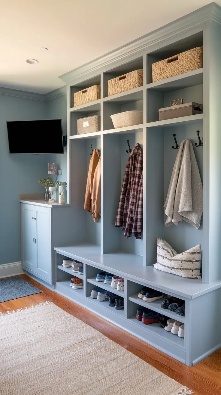 Organized chaos?  Not in this mudroom!  Our mudroom interior design features a calming light blue mudroom wall color, complemented by built-ins for mudroom that maximize space.  A drop zone with doors keeps clutter contained, while the mudroom with cubbies and bench and small mudroom locker ideas provide ample storage.  The mudroom with TV adds a touch of unexpected luxury, making this the ultimate mudroom bathroom.  This design proves that even mudroom essentials can be stylish and efficient.