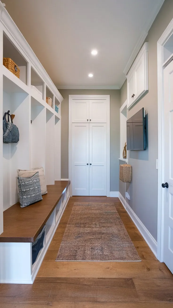 Light gray walls and warm wood floors create a welcoming atmosphere in this functional mudroom.  Built-ins for mudroom storage, including cubbies and a bench, maximize space, while a cleverly concealed drop zone with doors keeps things tidy.  The addition of a TV elevates this mudroom bathroom area beyond the ordinary, showcasing smart mudroom interior design and offering small mudroom locker ideas.  This space perfectly balances mudroom essentials with stylish design.