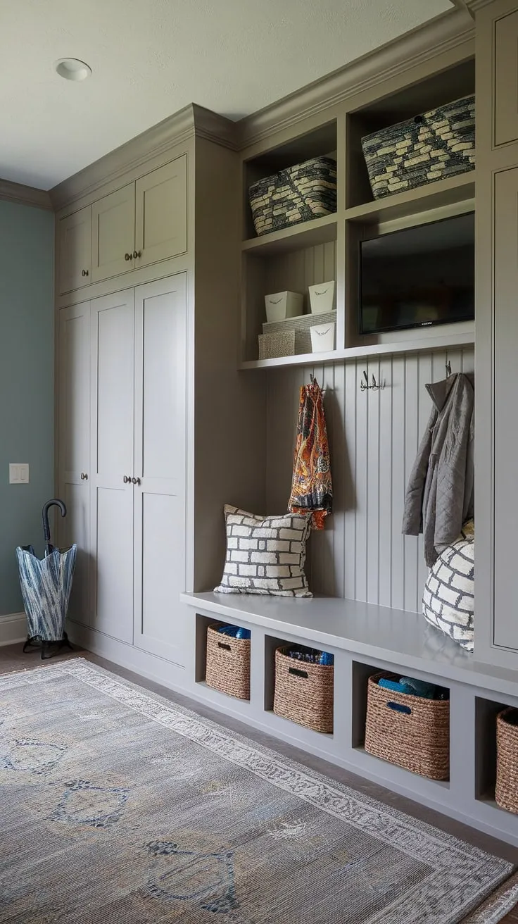 Organized chaos?  Not in this mudroom!  Smart mudroom storage ideas, including built-ins for mudroom functionality, a drop zone with doors, and small mudroom locker ideas, create a haven of order.  The mudroom with cubbies and bench provides a practical and stylish seating area, while the unexpected addition of a mudroom with TV elevates the space.  Mudroom essentials are readily accessible, and the muted grey mudroom wall color sets a calming tone. This mudroom interior design is the perfect blend of form and function, proving that even a mudroom bathroom can be stylish.