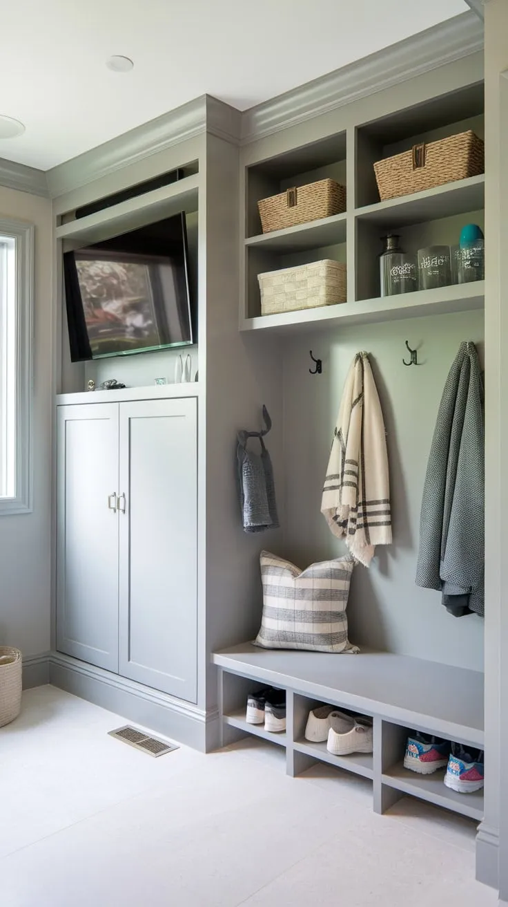 A light gray mudroom boasts a convenient bathroom plus built-in storage, a TV, and a drop zone for ultimate organization