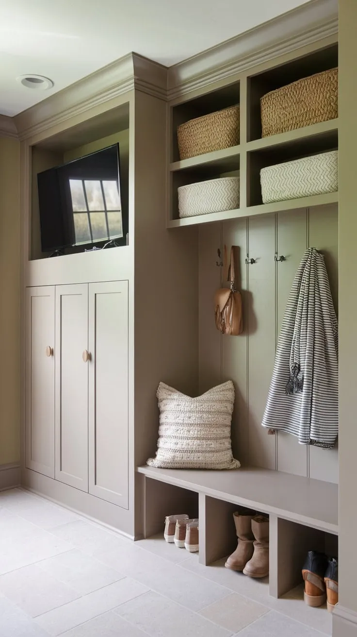 This thoughtfully designed beige mudroom features built-in storage, a bench, and even a TV, creating a practical yet stylish space for organization and relaxation.