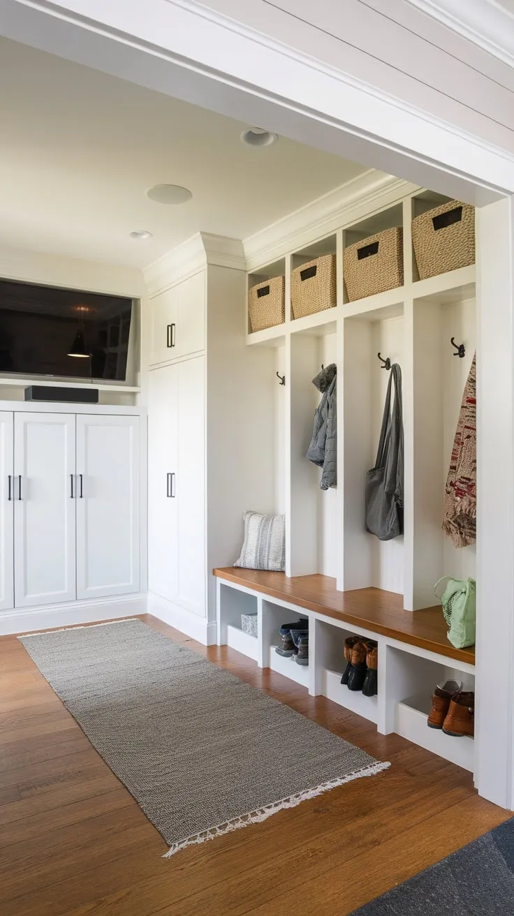 A stylish mudroom bathroom boasts ample storage, a comfy bench, and thoughtful design for ultimate organization and relaxation