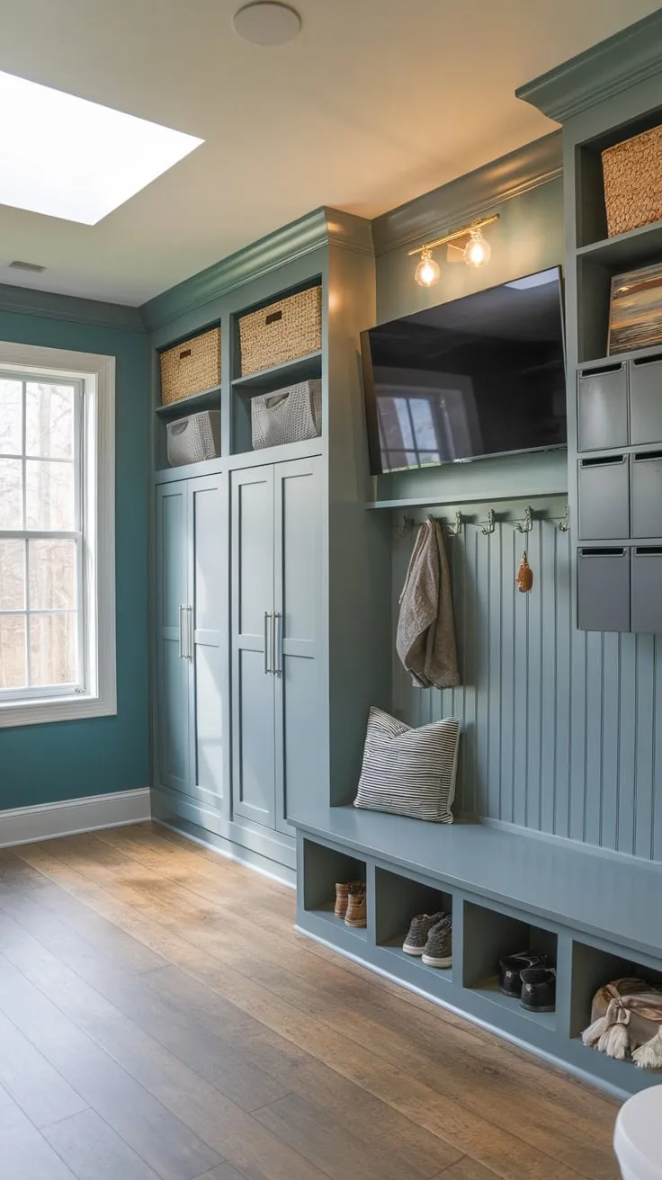 A stylish mudroom bathroom combines practicality with comfort featuring built-ins, a drop zone, and a relaxing atmosphere enhanced by natural light and a calming teal hue.