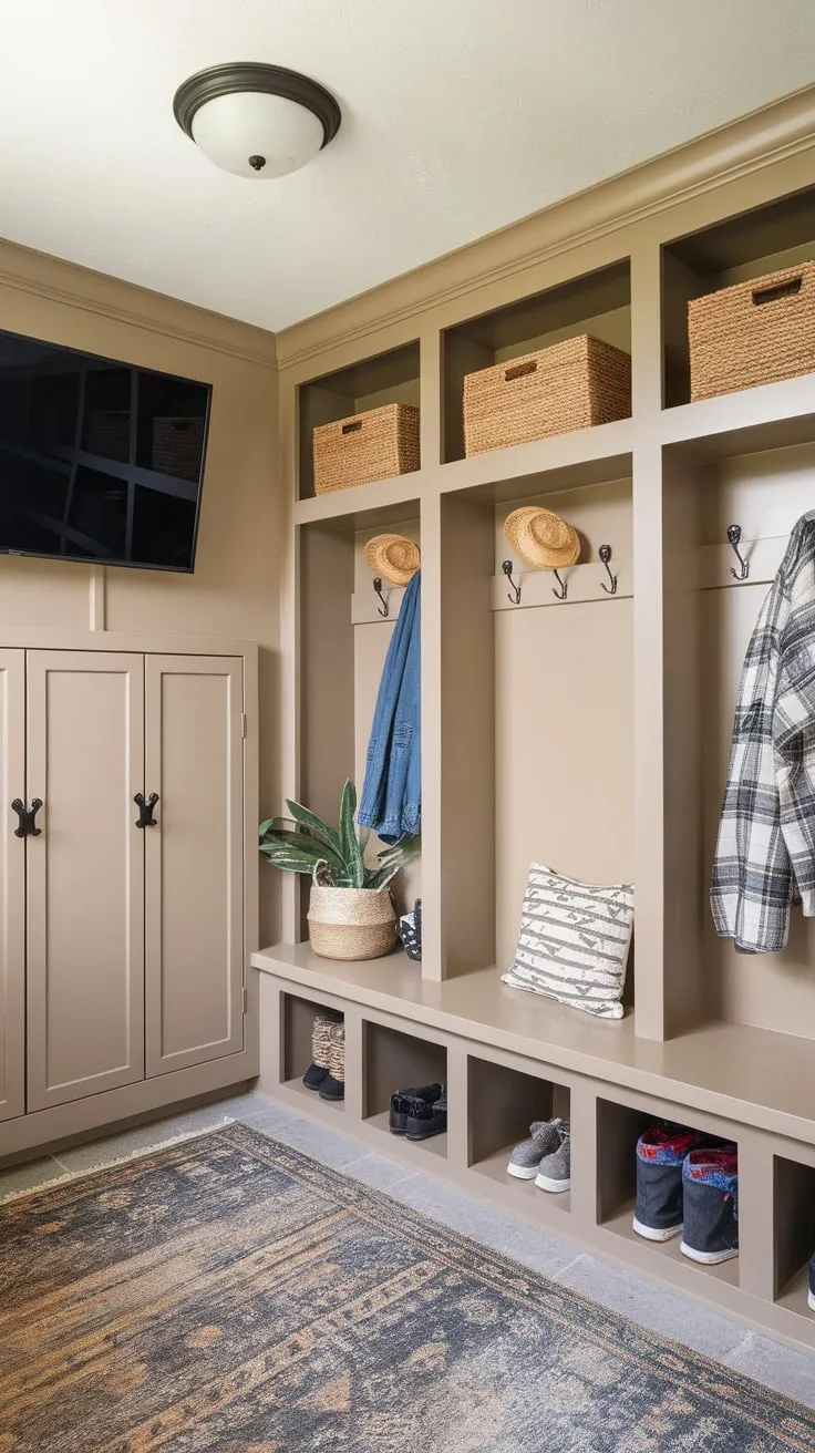 This stylish mudroom offers a functional drop zone with lockers, cubbies, and a bench, all enhanced by charming décor.