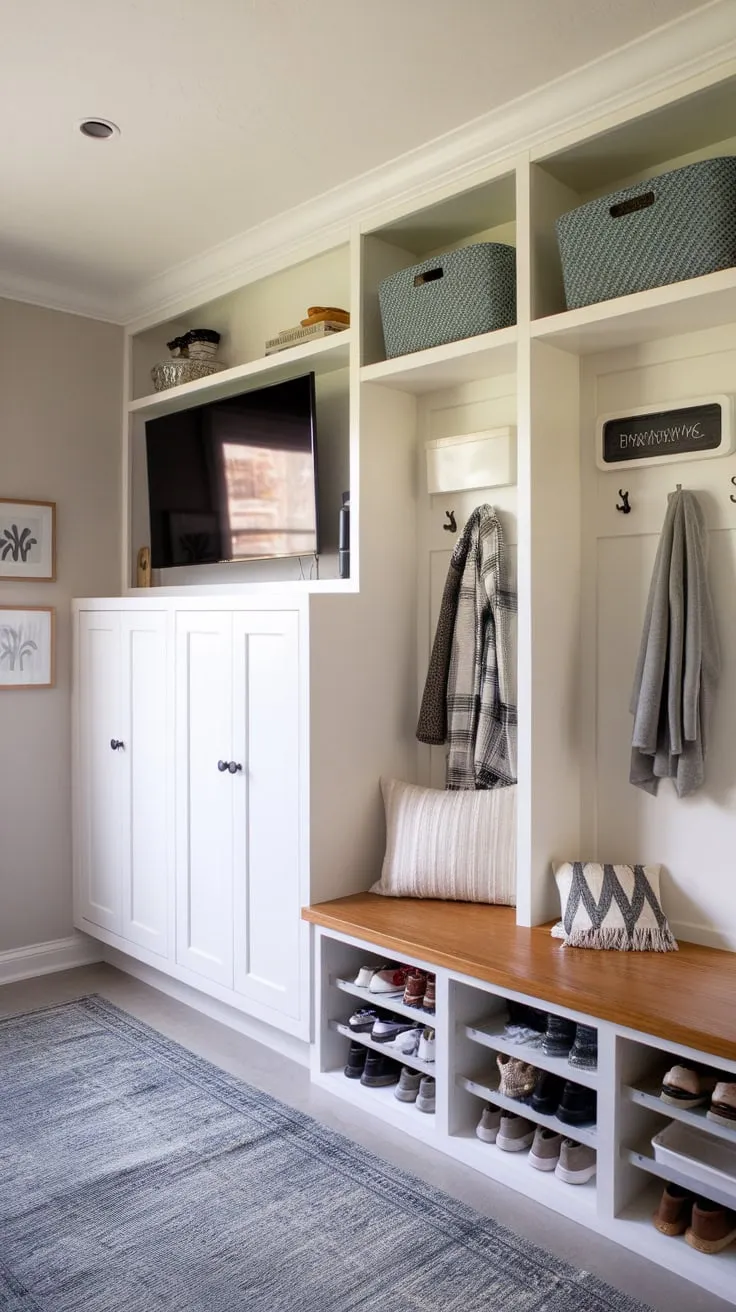 A stylish mudroom bathroom boasts ample storage, a cozy bench, and a calming white-and-wood design perfect for family organization
