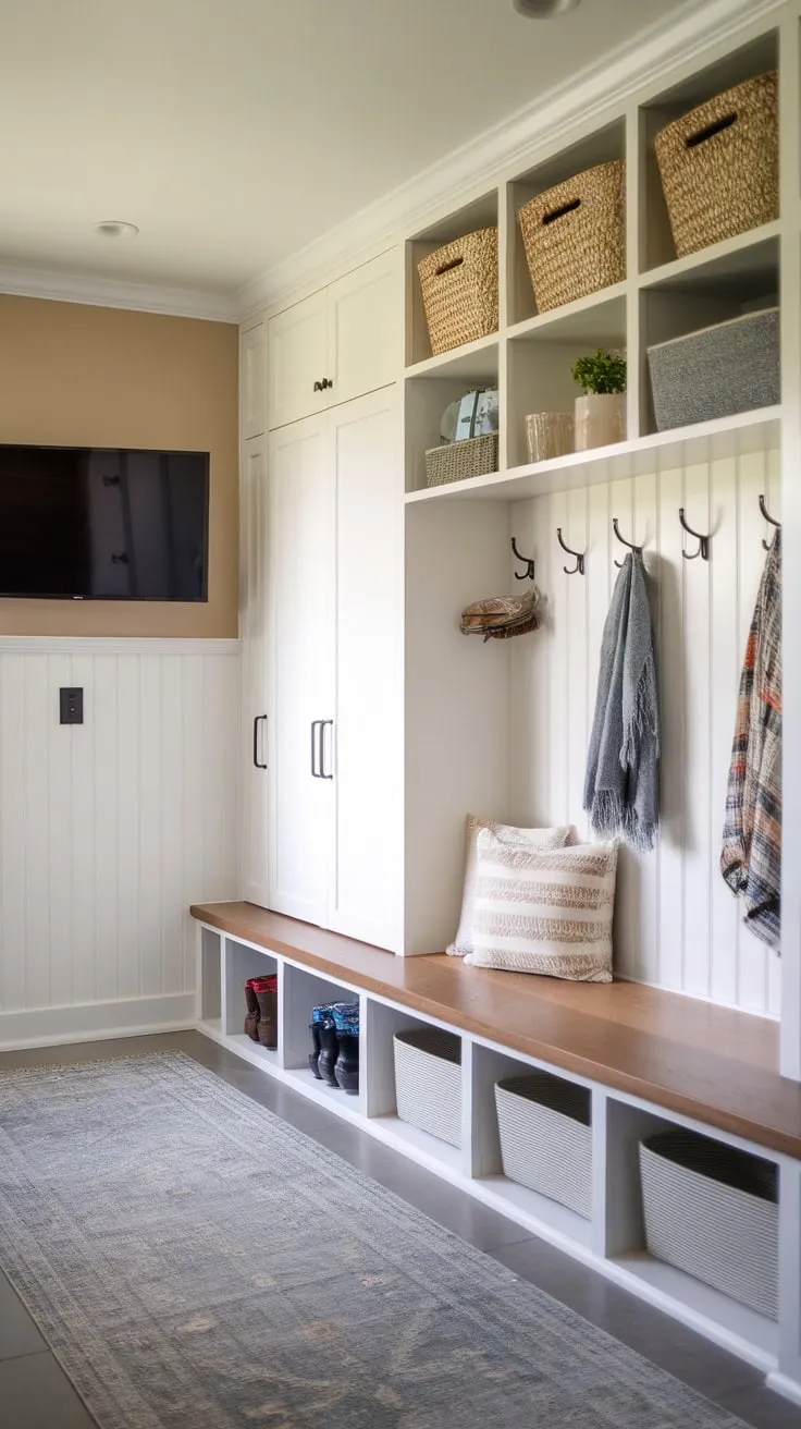 A calming beige mudroom boasts ample storage, a built-in bench, and stylish cubbies perfect for family organization