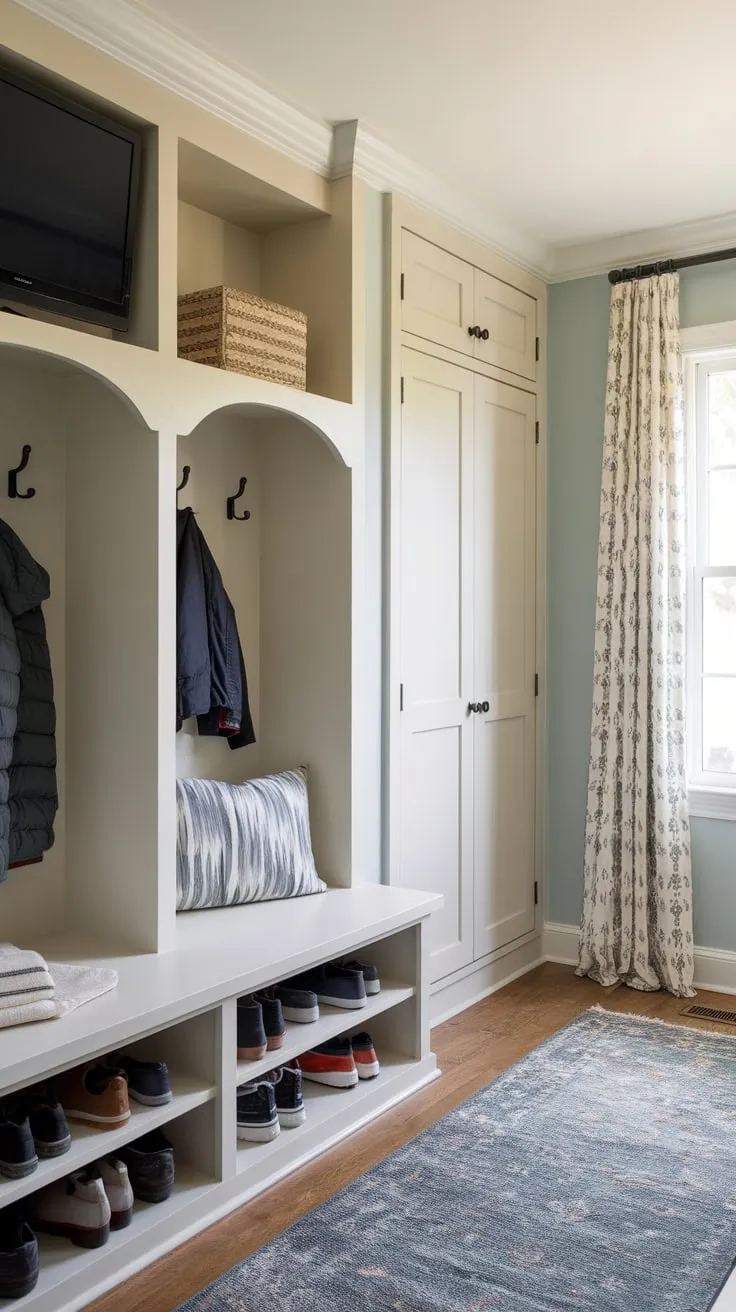 A serene light blue mudroom boasts built-in white wood cubbies and bench seating, a TV, and a hidden drop zone for ultimate organization