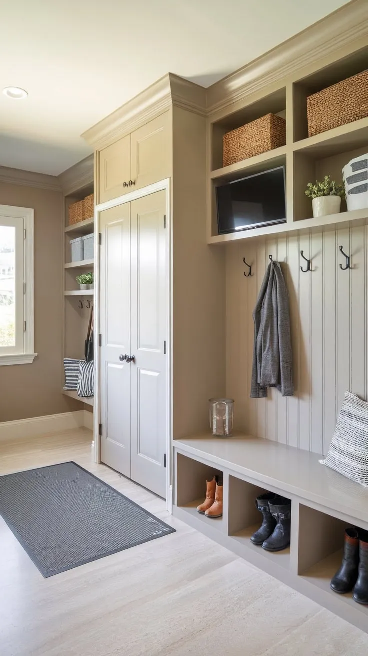 This mudroom's built-in bench, cubbies, and clever storage solutions create a functional and stylish space, complete with a TV for added relaxation.