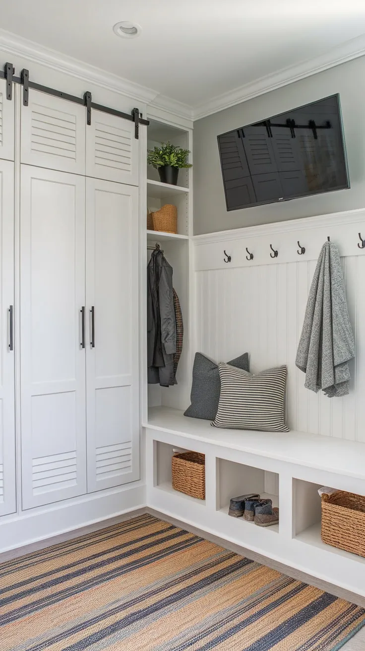 A stylish grey mudroom boasts built-in storage, a TV, and a drop zone for ultimate organization and convenience