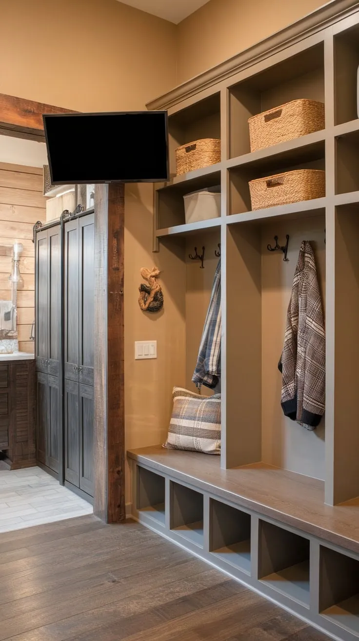 Warm beige walls and wood plank floors complete this inviting and functional space.