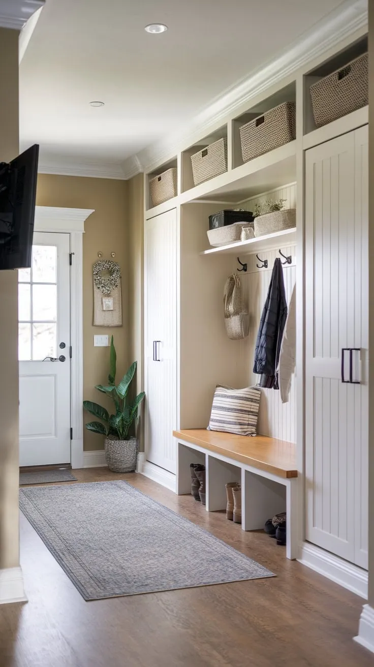 A functional beige mudroom boasts built-in storage, a drop zone, and a cozy bench perfect for shedding outdoor gear before enjoying the adjacent bathroom