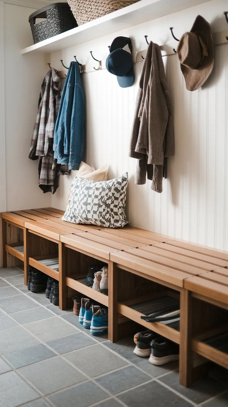 Finally, a mudroom bench that actually works! This diy mudroom bench provides ample storage with its clever cubbies, making organization a breeze.  Get inspired by this mudroom bench and explore more mudroom bench ideas for your own home.  A diy storage bench is a rewarding project for any DIY enthusiast.