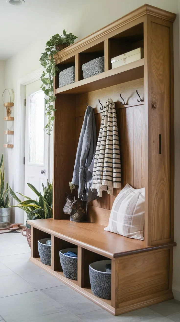 This DIY mudroom bench with storage is the perfect blend of function and style.  Clever compartments maximize space, while the added coat hooks keep things organized.  Get inspired by this mudroom bench ideas and create your own!  This diy storage bench is a game-changer for any entryway.