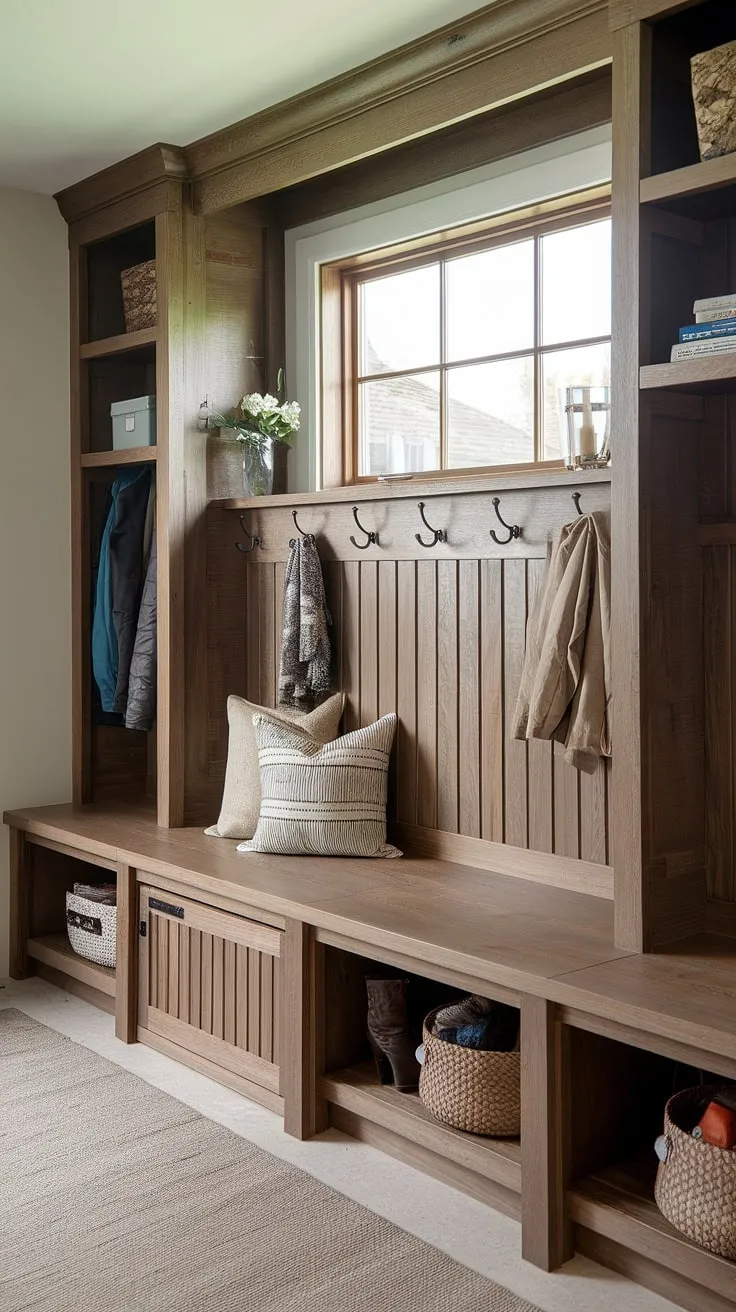 Maximize your mudroom space with this DIY storage bench.  The slatted back and hidden storage make it a practical and stylish addition.  This mudroom bench offers endless possibilities for organization, proving that a DIY mudroom bench can be both beautiful and functional.